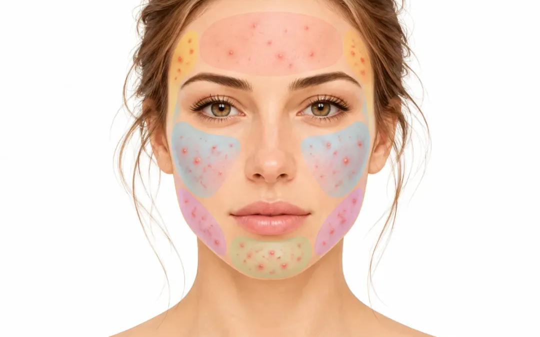 Mappa delle zone del viso colpite dall'acne: fronte, guance, mento e mandibola