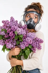 Allergia ai pollini in primavera Donna con maschera protettiva e mazzo di lillà: allergia ai pollini in primavera