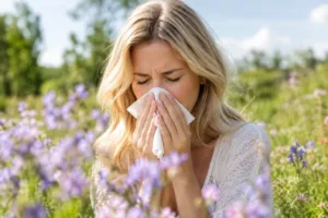 Donna che starnutisce in un prato fiorito: sintomi dell'allergia ai pollini