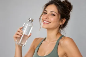 Donna che tiene una bottiglia d'acqua: bere molta acqua contro ritenzione idrica e cellulite