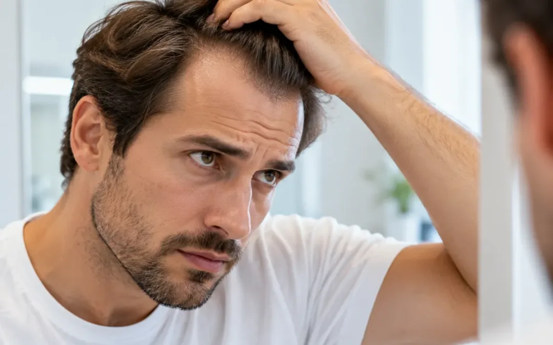 Uomo che controlla la stempiatura: stop alla calvizie e alle rughe con i fattori piastrinici (PRP)