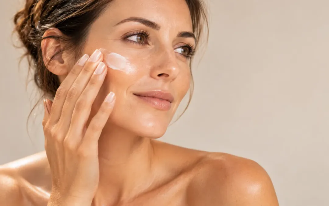 Donna che applica una crema antiaging sul viso: i cosmetici per prevenire l'invecchiamento cutaneo