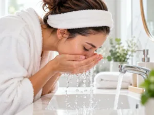 Donna che si sciacqua il viso con acqua: detergere delicatamente la pelle