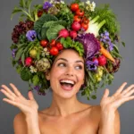 Donna sorridente con un'acconciatura di verdure e fiori: frutta e verdura di stagione per depurare l'organismo