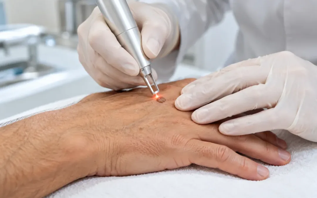 Medico che tratta una verruca sulla mano con il dye laser in ambulatorio dermatologico