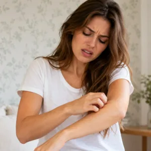 Donna che si gratta il braccio per il prurito dell'eczema