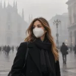 Donna con mascherina antismog in una città inquinata: smog e allergie