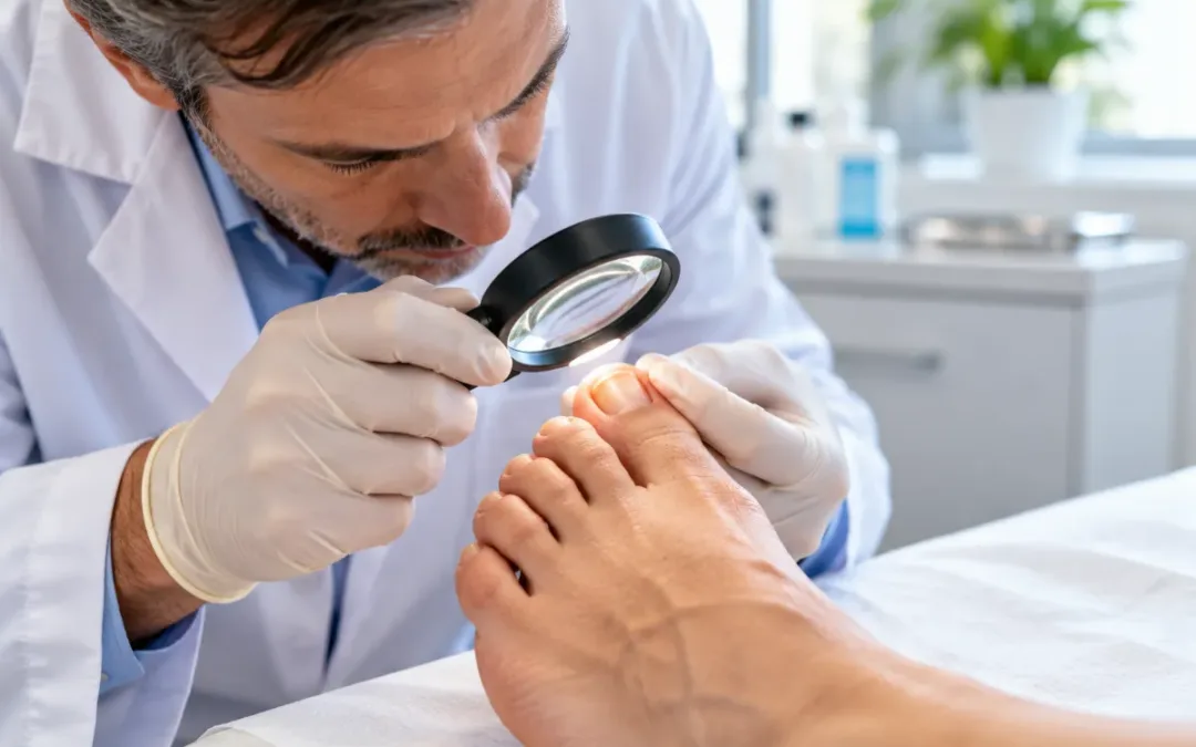 Dermatologo che esamina le unghie del piede con una lente: diagnosi della micosi alle unghie