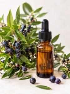 Olio essenziale di mirto Boccetta di olio essenziale di mirto con rametti e bacche