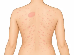 Illustrazione della pitiriasi rosea di Gibert: chiazza madre e piccole chiazze rosa sul tronco