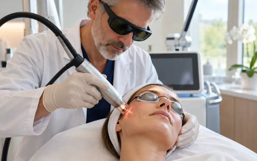 Dermatologo che esegue un trattamento laser sul viso: rimozione delle cicatrici a Milano
