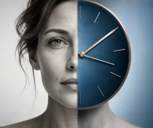 Volto di donna con un orologio: il tempo che passa e i cosmetici antiaging per prevenire l'invecchiamento
