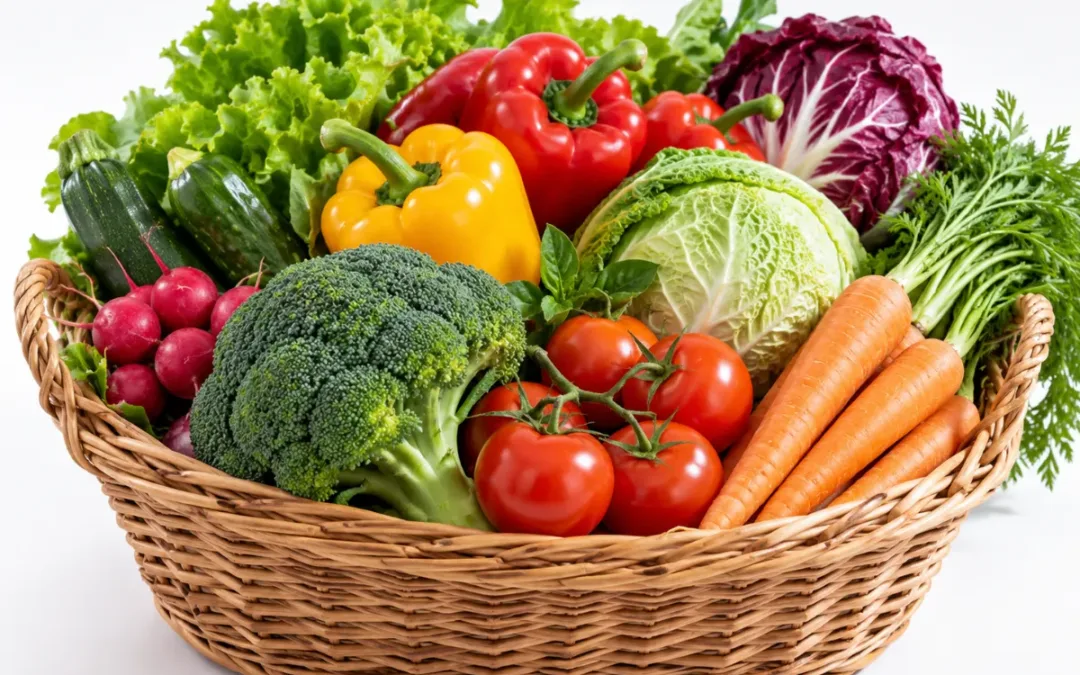 Cesto di verdure fresche ricche di antiossidanti per proteggere la bellezza della pelle