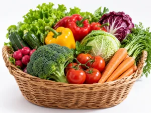 Cesto di verdure fresche ricche di antiossidanti per proteggere la bellezza della pelle